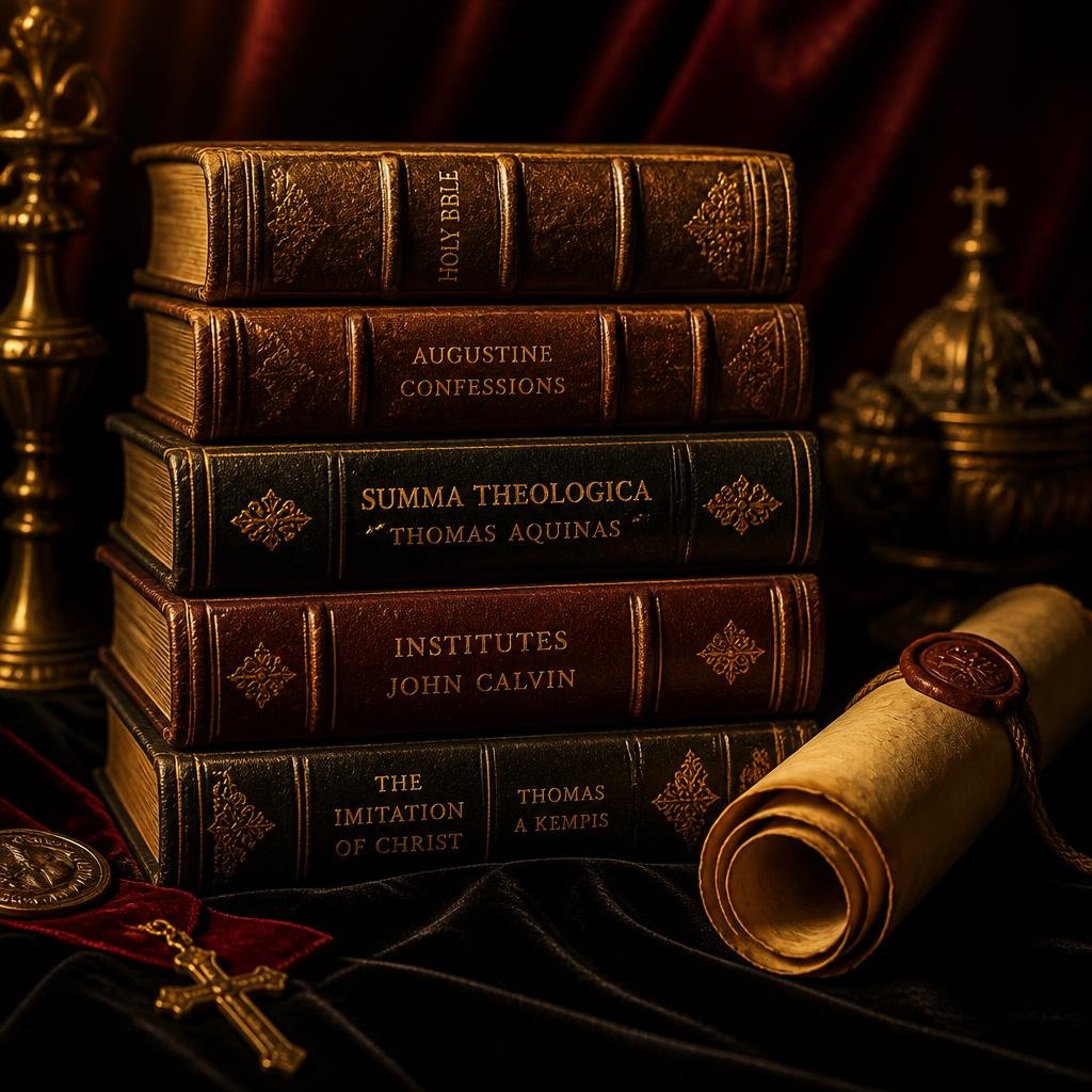 Volumes antigos de teologia com detalhes dourados e um pergaminho