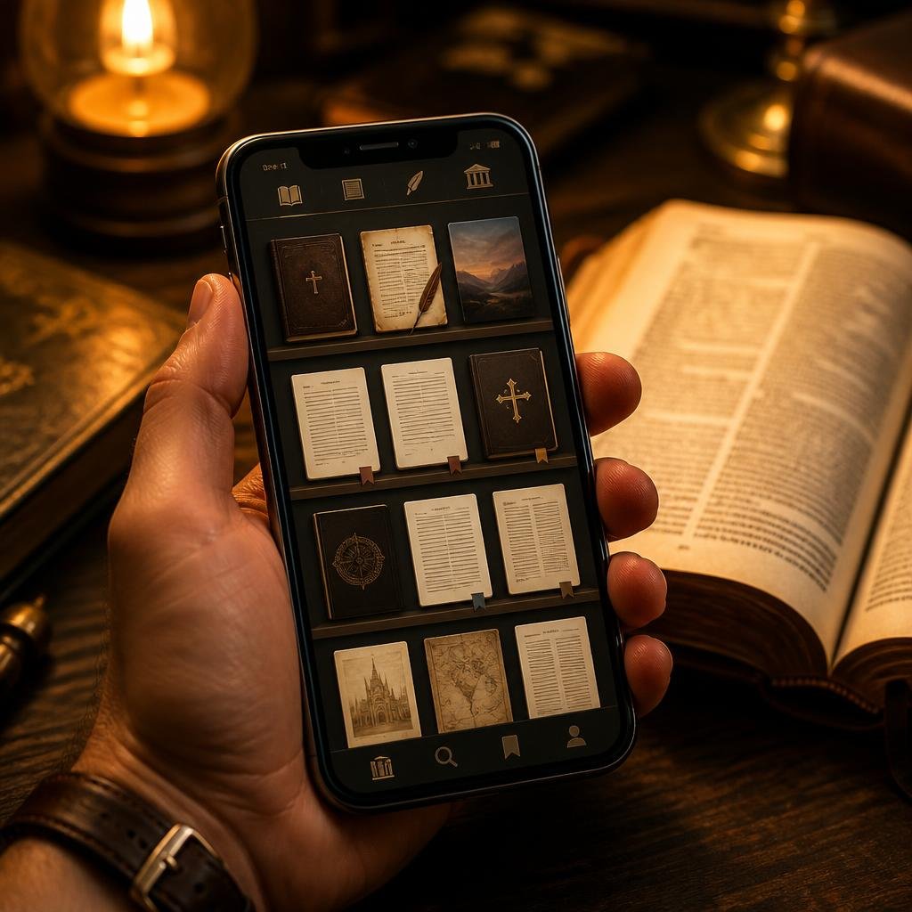 Biblioteca de teologia aberta na tela do celular ao lado de uma Bíblia